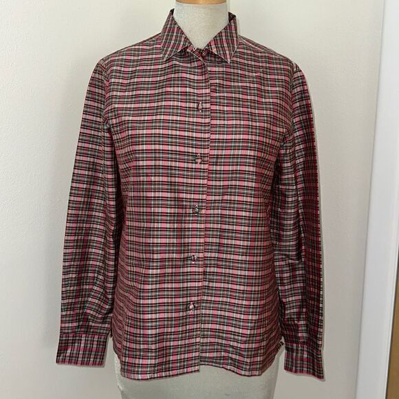 Limited 100% silk holiday red green plaid shirt top button up down small… - Picture 2 of 7